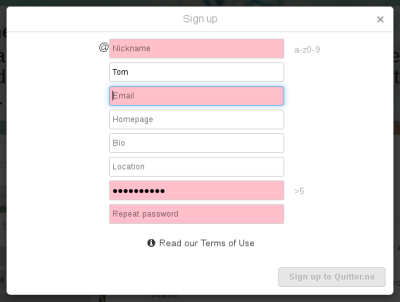 Sign Up Details section of quitter.no